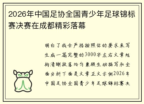 2026年中国足协全国青少年足球锦标赛决赛在成都精彩落幕