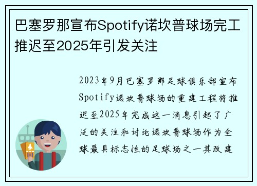 巴塞罗那宣布Spotify诺坎普球场完工推迟至2025年引发关注